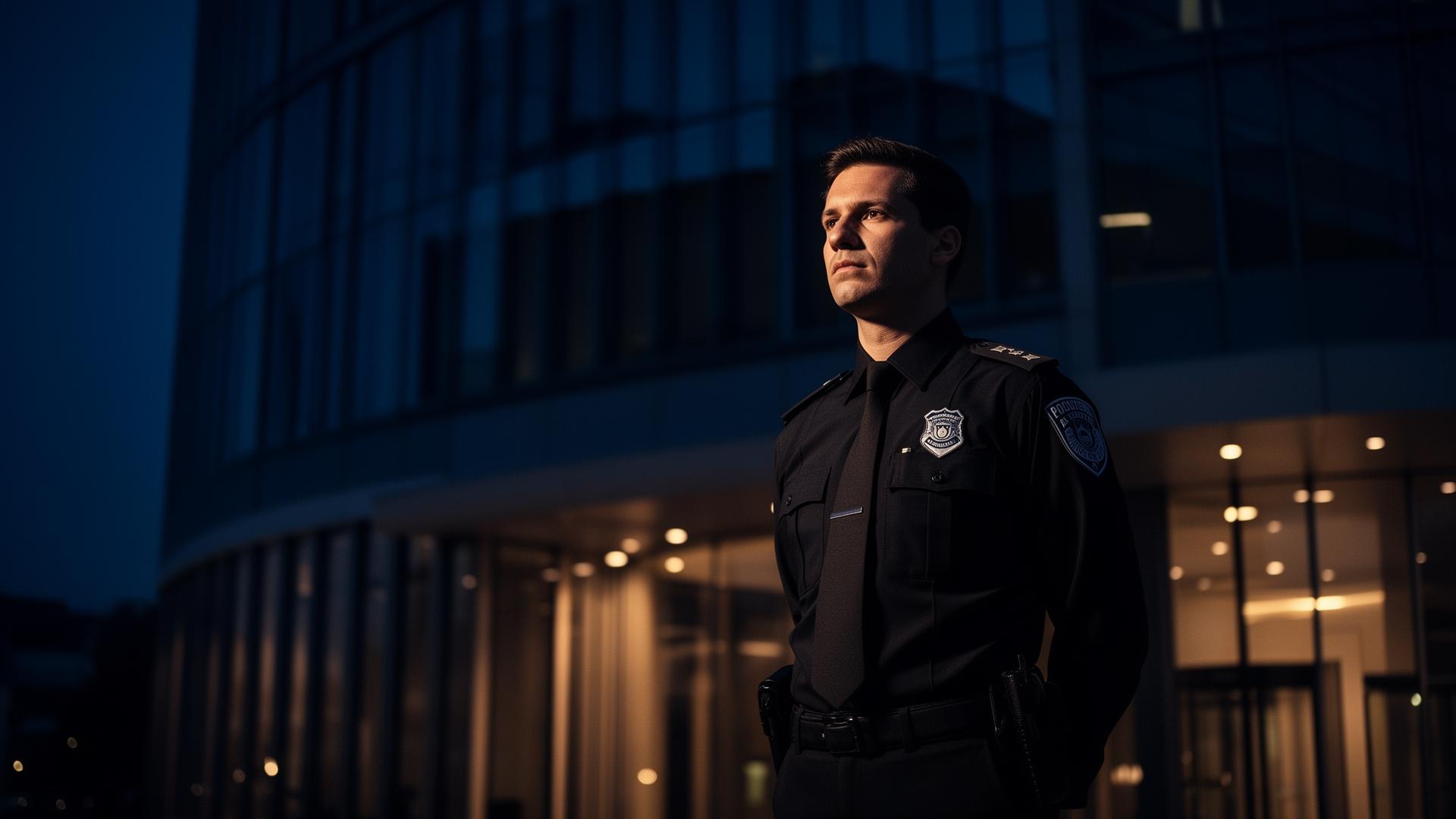 United Solution Security security officer on post outside a corporate building at dusk